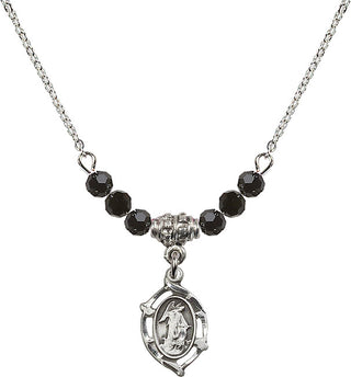 18" Rhodium Plated Necklace with 4mm Jet Crystal Beads featuring a Sterling Silver Guardian Angel Medal.
