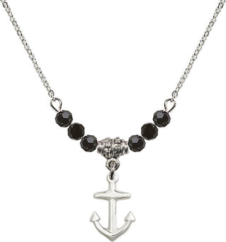 18" Rhodium Plated Necklace with 4mm Jet Crystal Beads featuring a Sterling Silver Anchor Medal.
