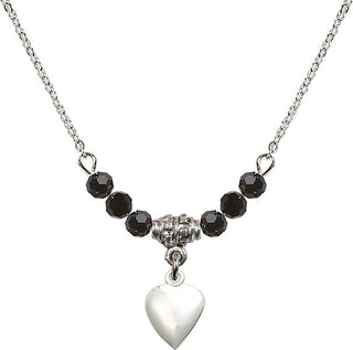 18" Rhodium Plated Necklace with 4mm Jet Crystal Beads featuring a Sterling Silver Heart Medal.