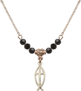 18" Hamilton Gold Plated Necklace with 4mm Jet Crystal Beads featuring a 14kt Gold Filled Fish / Cross Medal.