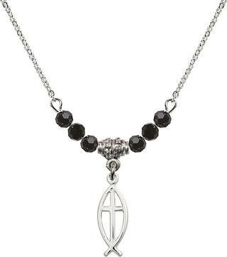 18" Rhodium Plated Necklace with 4mm Jet Crystal Beads featuring a Sterling Silver Fish / Cross Medal.