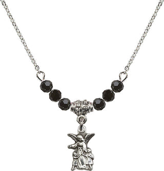 18" Rhodium Plated Necklace with 4mm Jet Crystal Beads featuring a Sterling Silver Guardian Angel Medal.