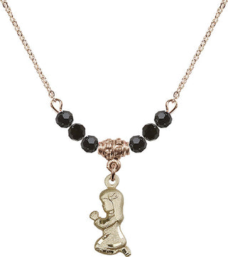 18" Hamilton Gold Plated Necklace with 4mm Jet Crystal Beads featuring a 14kt Gold Filled Praying Girl Medal.