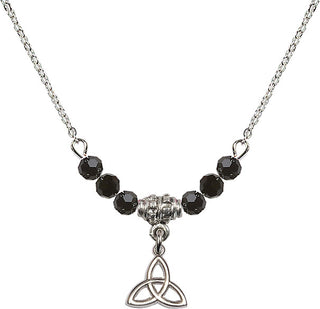 18" Rhodium Plated Necklace with 4mm Jet Crystal Beads featuring a Sterling Silver Trinity Irish Knot Medal.