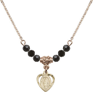 18" Hamilton Gold Plated Necklace with 4mm Jet Crystal Beads featuring a 14kt Gold Filled Miraculous Medal.