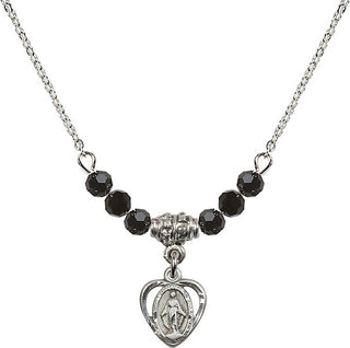 18" Rhodium Plated Necklace with 4mm Jet Crystal Beads featuring a Sterling Silver Miraculous Medal.