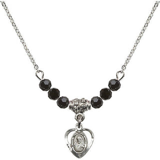 18" Rhodium Plated Necklace with 4mm Jet Crystal Beads featuring a Sterling Silver Scapular Medal.