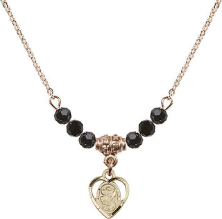 18" Hamilton Gold Plated Necklace with 4mm Jet Crystal Beads featuring a 14kt Gold Filled Saint Christopher Medal. Engraved Catholic Saint Jewelry