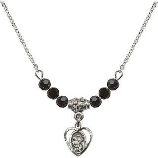 18" Rhodium Plated Necklace with 4mm Jet Crystal Beads featuring a Sterling Silver Saint Christopher Medal. Engraved Catholic Saint Jewelry