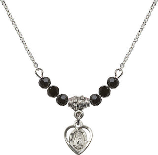 18" Rhodium Plated Necklace with 4mm Jet Crystal Beads featuring a Sterling Silver Infant Medal. Engraved Catholic Saint Jewelry