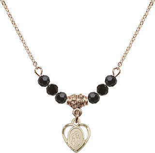 18" Hamilton Gold Plated Necklace with 4mm Jet Crystal Beads featuring a 14kt Gold Filled Saint Ann Medal. Engraved Catholic Saint Jewelry