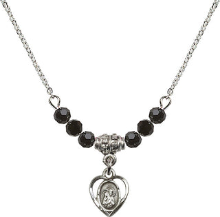 18" Rhodium Plated Necklace with 4mm Jet Crystal Beads featuring a Sterling Silver Saint Ann Medal. Engraved Catholic Saint Jewelry