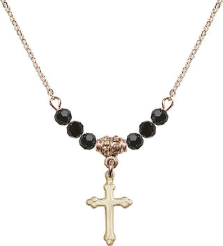 18" Hamilton Gold Plated Necklace with 4mm Jet Crystal Beads featuring a 14kt Gold Filled Cross Medal.