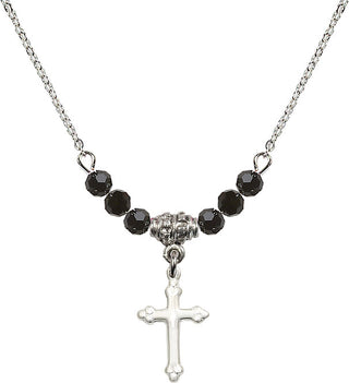 18" Rhodium Plated Necklace with 4mm Jet Crystal Beads featuring a Sterling Silver Cross Medal.
