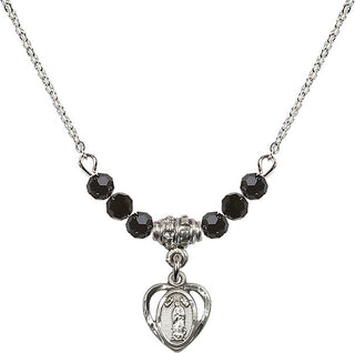 18" Rhodium Plated Necklace with 4mm Jet Crystal Beads featuring a Sterling Silver Our Lady of Guadalupe Medal.
