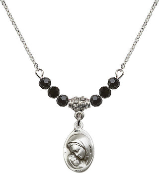 18" Rhodium Plated Necklace with 4mm Jet Crystal Beads featuring a Sterling Silver Madonna & Child Medal.
