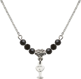 18" Rhodium Plated Necklace with 4mm Jet Crystal Beads featuring a Sterling Silver Chalice Medal.