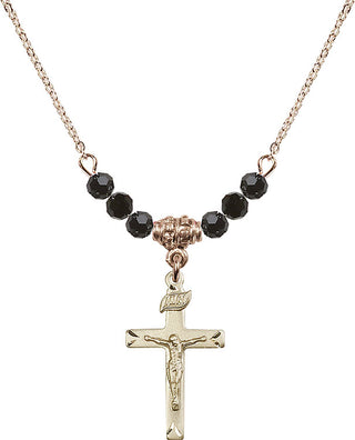 18" Hamilton Gold Plated Necklace with 4mm Jet Crystal Beads featuring a 14kt Gold Filled Crucifix Medal.
