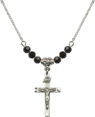 18" Rhodium Plated Necklace with 4mm Jet Crystal Beads featuring a Sterling Silver Crucifix Medal.