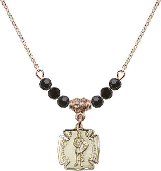 18" Hamilton Gold Plated Necklace with 4mm Jet Crystal Beads featuring a 14kt Gold Filled Saint Florian Medal. Engraved Catholic Saint Jewelry