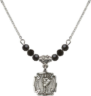 18" Rhodium Plated Necklace with 4mm Jet Crystal Beads featuring a Sterling Silver Saint Florian Medal. Engraved Catholic Saint Jewelry