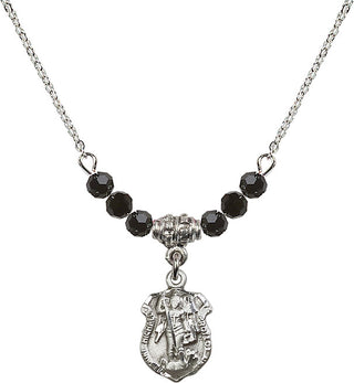 18" Rhodium Plated Necklace with 4mm Jet Crystal Beads featuring a Sterling Silver Saint Michael the Archangel Medal. Engraved Catholic Saint Jewelry