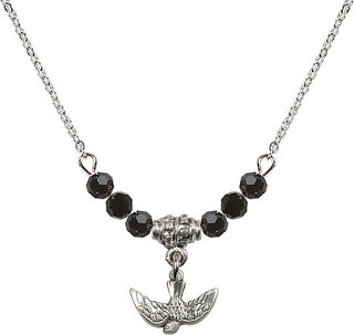 18" Rhodium Plated Necklace with 4mm Jet Crystal Beads featuring a Sterling Silver Holy Spirit Medal.
