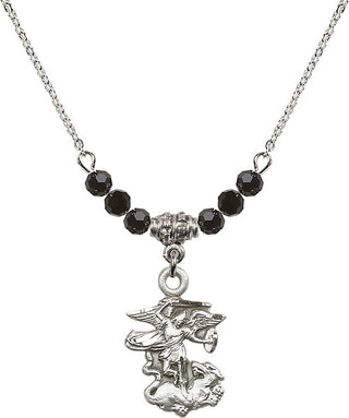 18" Rhodium Plated Necklace with 4mm Jet Crystal Beads featuring a Sterling Silver Saint Michael the Archangel Medal.