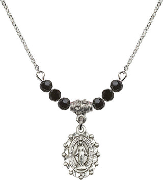 18" Rhodium Plated Necklace with 4mm Jet Crystal Beads featuring a Sterling Silver Miraculous Medal.
