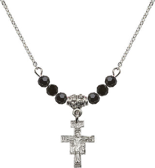 18" Rhodium Plated Necklace with 4mm Jet Crystal Beads featuring a Sterling Silver San Damiano Crucifix Medal.