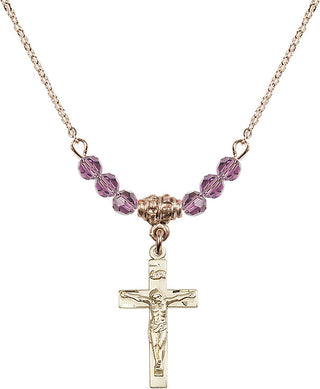 18" Hamilton Gold Plated Necklace with 4mm Light Amethyst Crystal Beads featuring a 14kt Gold Filled Crucifix Medal.