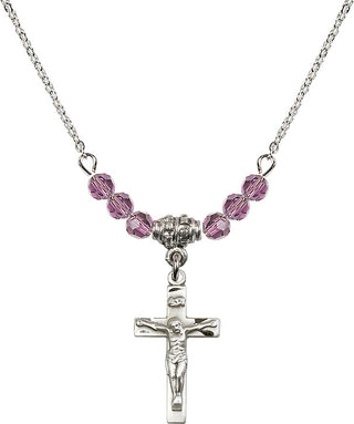18" Rhodium Plated Necklace with 4mm Light Amethyst Crystal Beads featuring a Sterling Silver Crucifix Medal.