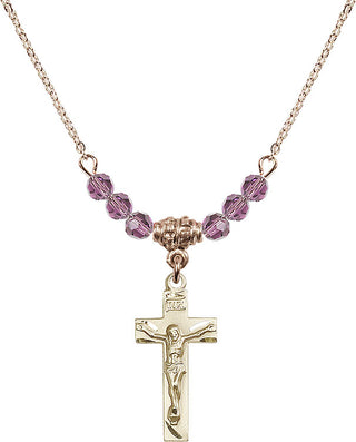18" Hamilton Gold Plated Necklace with 4mm Light Amethyst Crystal Beads featuring a 14kt Gold Filled Crucifix Medal.