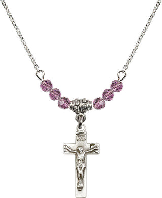 18" Rhodium Plated Necklace with 4mm Light Amethyst Crystal Beads featuring a Sterling Silver Crucifix Medal.
