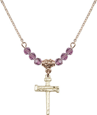 18" Hamilton Gold Plated Necklace with 4mm Light Amethyst Crystal Beads featuring a 14kt Gold Filled Nail Cross Medal.