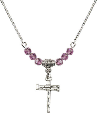 18" Rhodium Plated Necklace with 4mm Light Amethyst Crystal Beads featuring a Sterling Silver Nail Cross Medal.