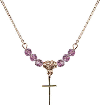 18" Hamilton Gold Plated Necklace with 4mm Light Amethyst Crystal Beads featuring a 14kt Gold Filled Cross Medal.