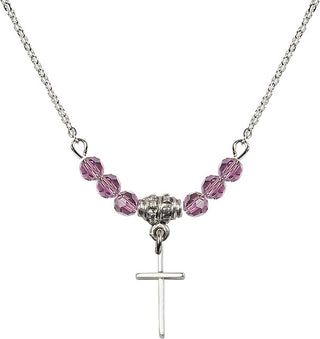 18" Rhodium Plated Necklace with 4mm Light Amethyst Crystal Beads featuring a Sterling Silver Cross Medal.