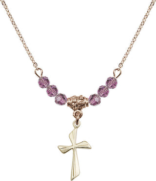 18" Hamilton Gold Plated Necklace with 4mm Light Amethyst Crystal Beads featuring a 14kt Gold Filled Cross Medal.