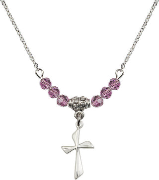 18" Rhodium Plated Necklace with 4mm Light Amethyst Crystal Beads featuring a Sterling Silver Cross Medal.