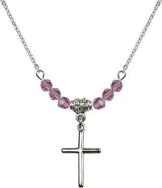 18" Rhodium Plated Necklace with 4mm Light Amethyst Crystal Beads featuring a Sterling Silver Cross Medal.