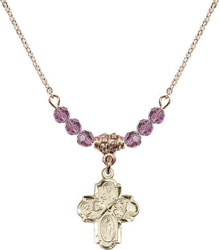 18" Hamilton Gold Plated Necklace with 4mm Light Amethyst Crystal Beads featuring a 14kt Gold Filled 4-Way Medal.