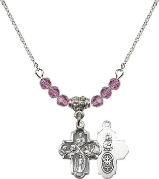 18" Rhodium Plated Necklace with 4mm Light Amethyst Crystal Beads featuring a Sterling Silver 4-Way Medal.