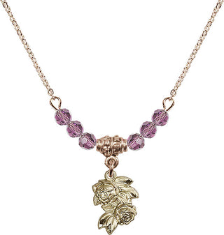 18" Hamilton Gold Plated Necklace with 4mm Light Amethyst Crystal Beads featuring a 14kt Gold Filled Rose Medal.