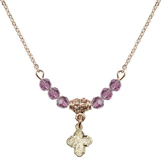 18" Hamilton Gold Plated Necklace with 4mm Light Amethyst Crystal Beads featuring a 14kt Gold Filled 4-Way Medal.