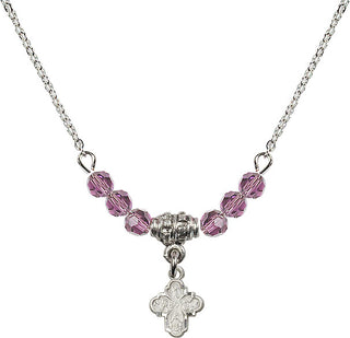 18" Rhodium Plated Necklace with 4mm Light Amethyst Crystal Beads featuring a Sterling Silver 4-Way Medal.