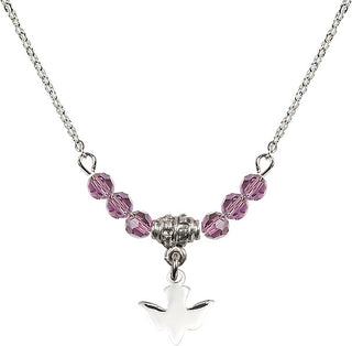 18" Rhodium Plated Necklace with 4mm Light Amethyst Crystal Beads featuring a Sterling Silver Holy Spirit Medal.