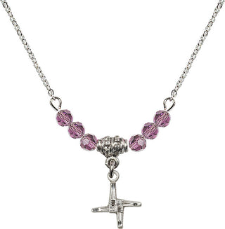 18" Rhodium Plated Necklace with 4mm Light Amethyst Crystal Beads featuring a Sterling Silver Saint Brigid Cross Medal.