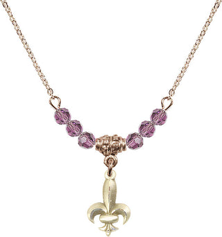 18" Hamilton Gold Plated Necklace with 4mm Light Amethyst Crystal Beads featuring a 14kt Gold Filled Fleur de Lis Medal.