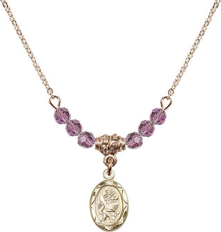 18" Hamilton Gold Plated Necklace with 4mm Light Amethyst Crystal Beads featuring a 14kt Gold Filled Saint Christopher Medal.